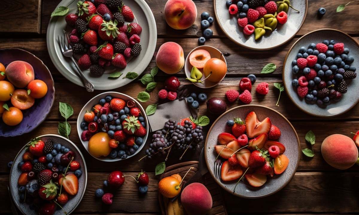 Close view of colorful berries and greens arranged on a ceramic plate